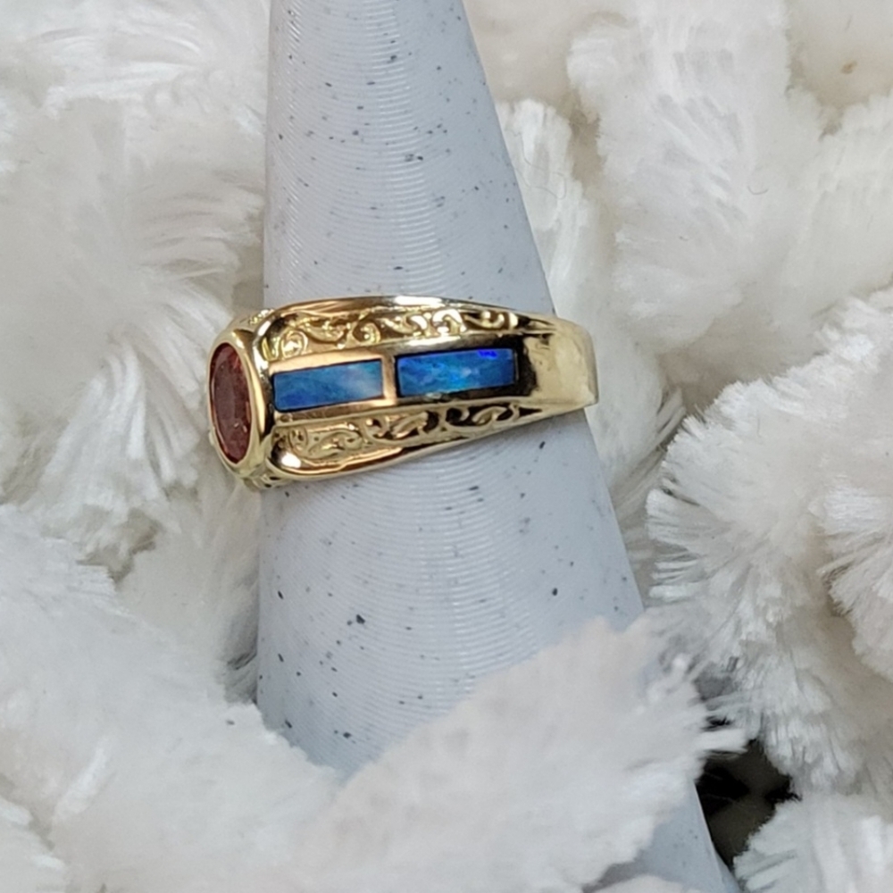 FINAL PRICE BEAUTIFUL 14K Yellow Gold Padparadscha Sapphire & Inlaid Opal Ring - Picture 4 of 7